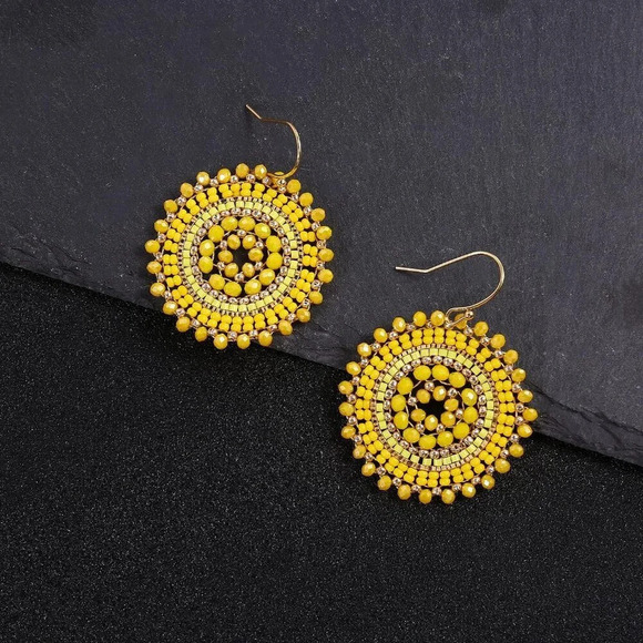 Women Summer Yellow Beaded Crystals Glass Bead Dangle Drop Bohemia Earrings - Picture 4 of 8
